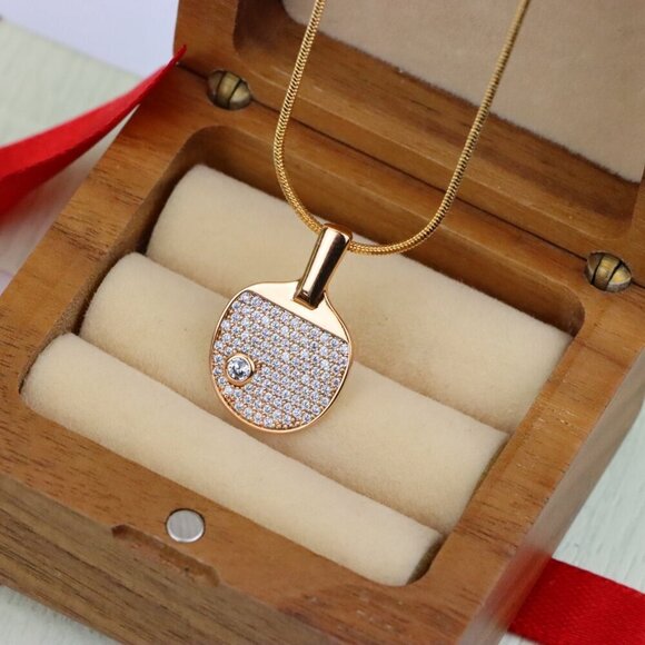 "Rose Gold Table Tennis Racket Pendant with Sparkling CZ Detailing, XPPT1376 - Picture 2 of 13